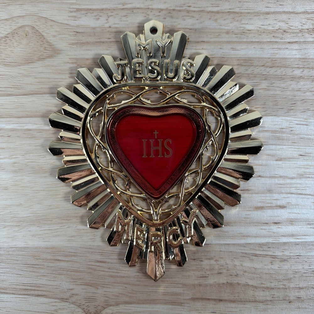 Jesus Mercy Casket Plaque Sacred Heart Gold Tone Metal Vtg Convent Catholic Wall